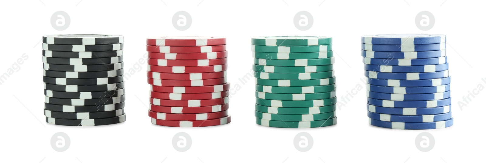 Photo of Poker game. Casino chips isolated on white