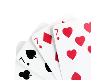 Photo of Poker game. Playing cards isolated on white