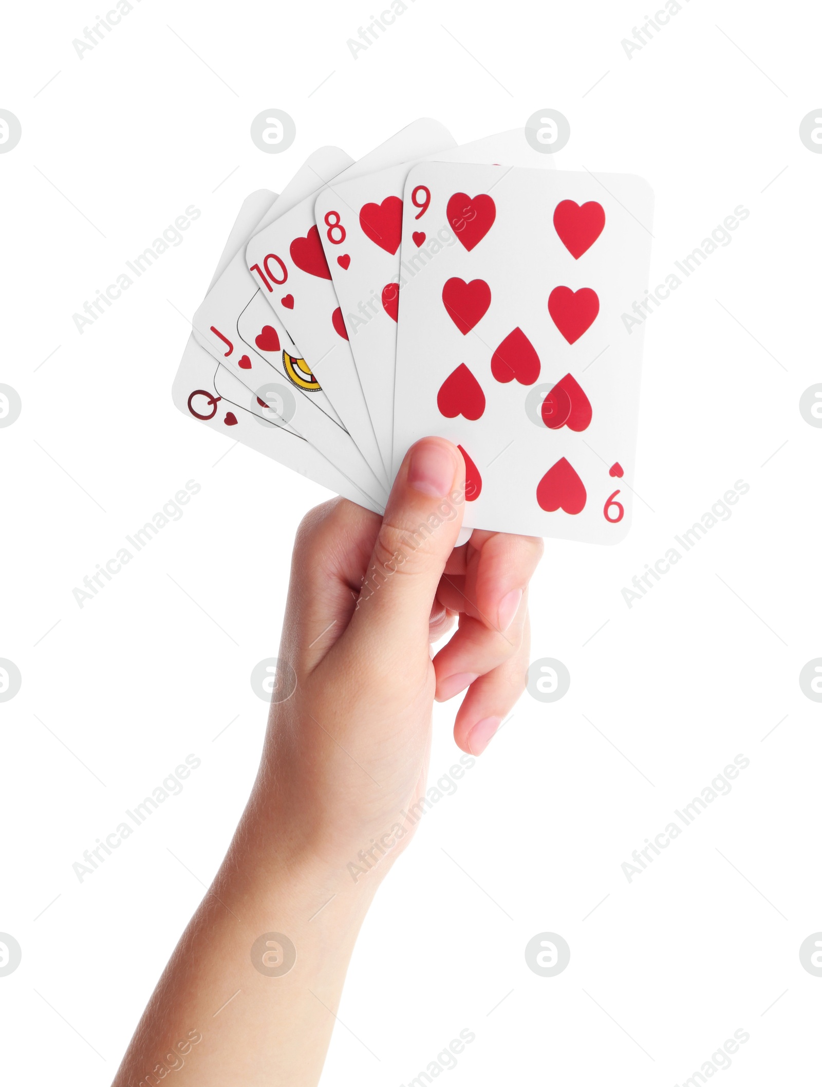 Photo of Poker game. Woman holding playing cards on white background, closeup