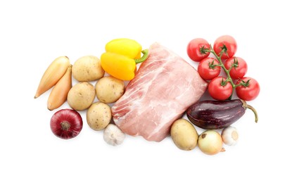 Photo of Different ingredients for stew isolated on white, top view