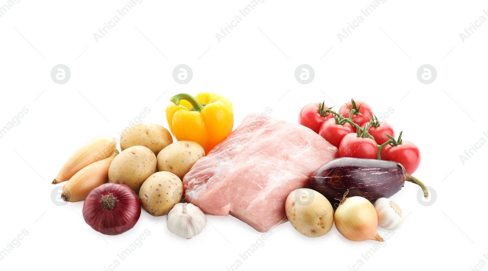 Photo of Different ingredients for stew isolated on white