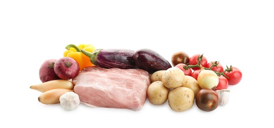 Photo of Different ingredients for stew isolated on white