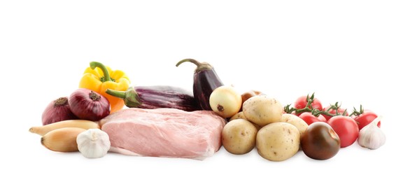 Photo of Different ingredients for stew isolated on white