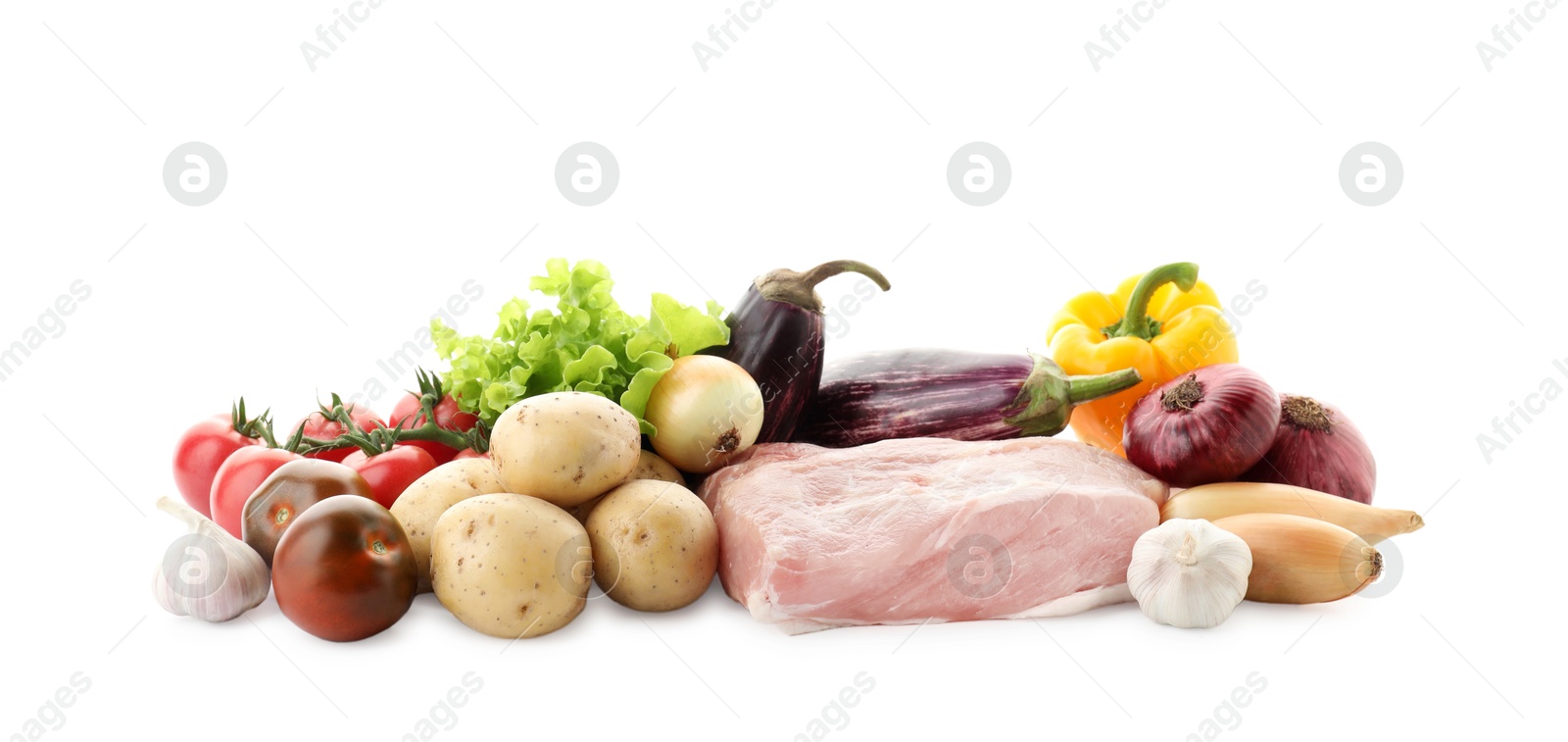 Photo of Different ingredients for stew isolated on white