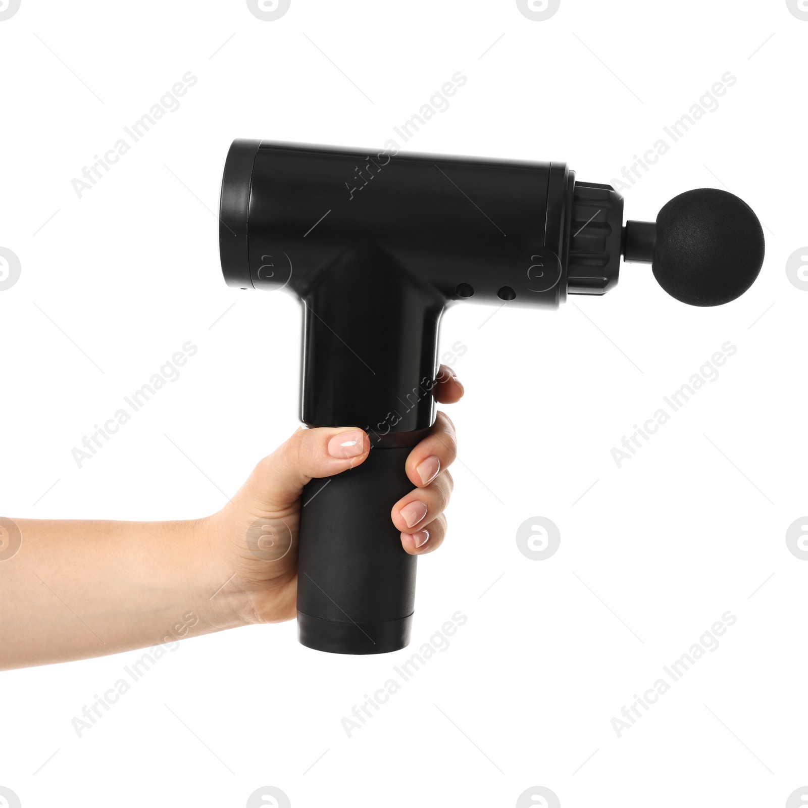 Photo of Woman holding percussive massager on white background, closeup