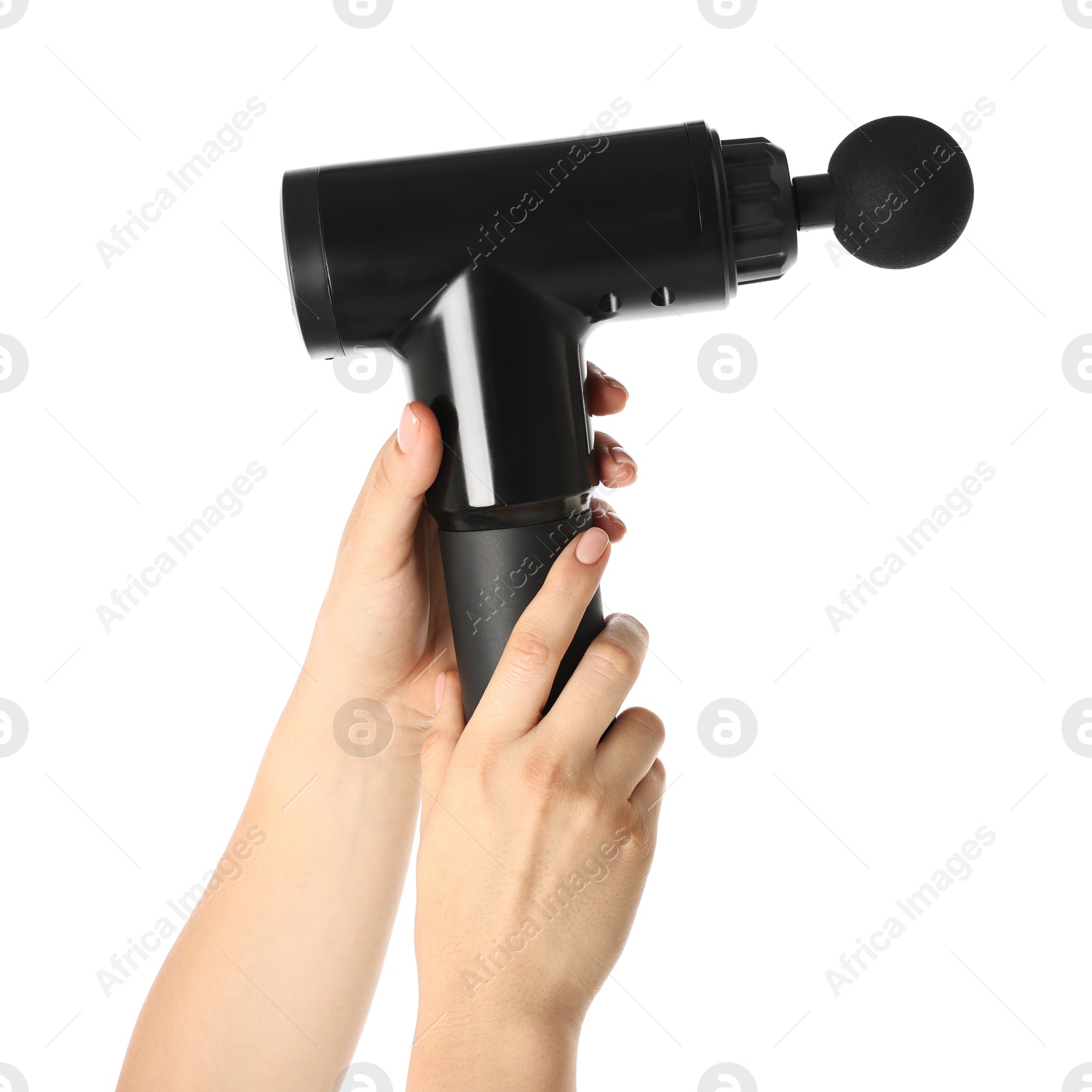 Photo of Woman holding percussive massager on white background, closeup