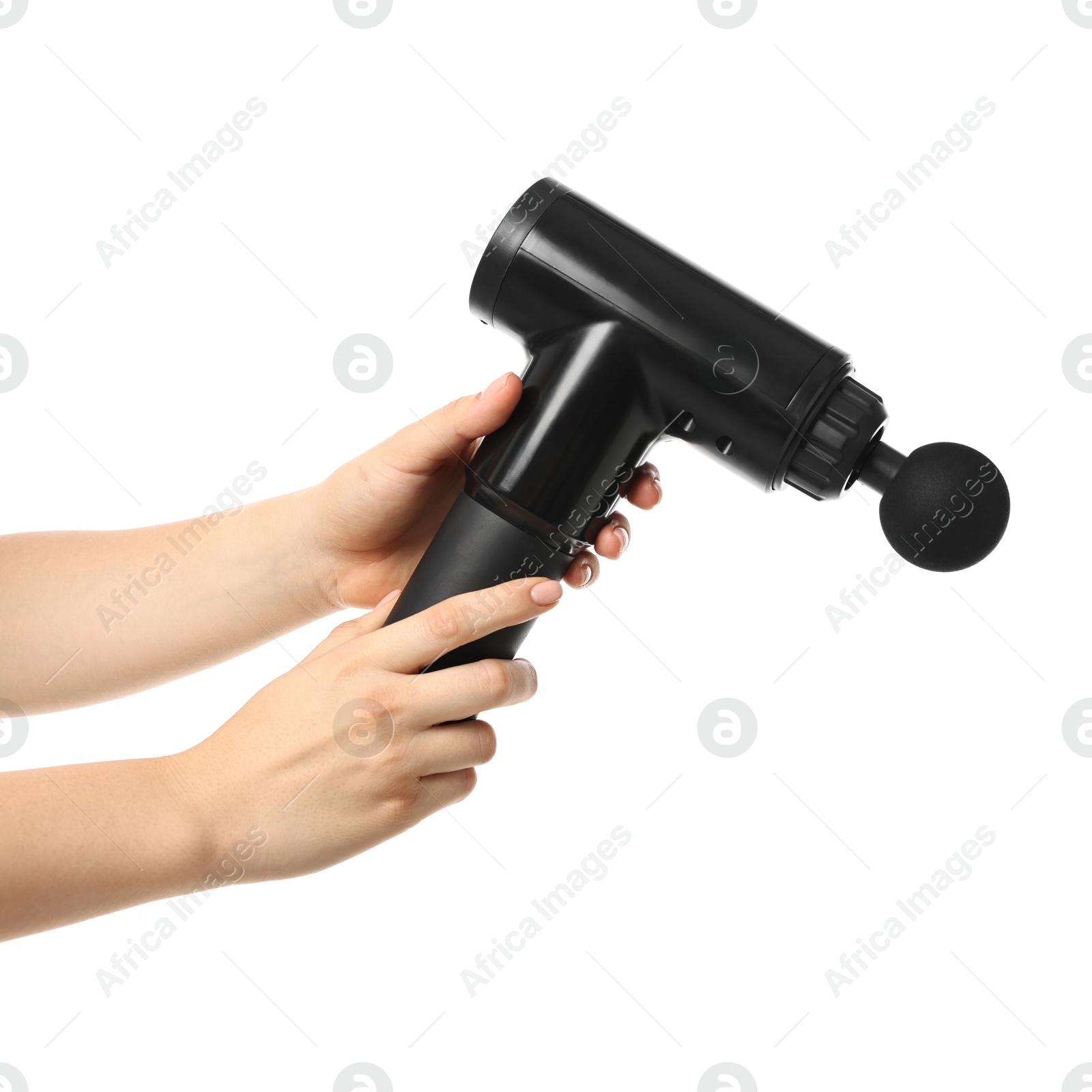 Photo of Woman holding percussive massager on white background, closeup