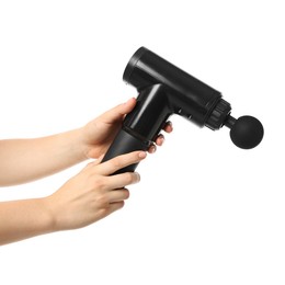 Woman holding percussive massager on white background, closeup