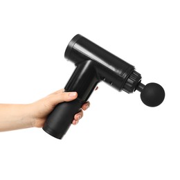 Photo of Woman holding percussive massager on white background, closeup