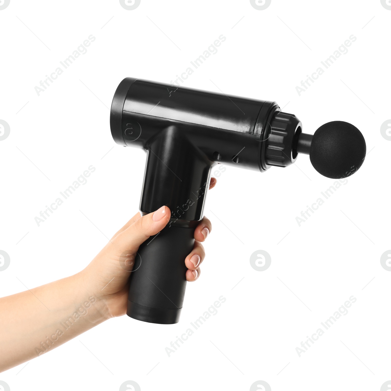 Photo of Woman holding percussive massager on white background, closeup