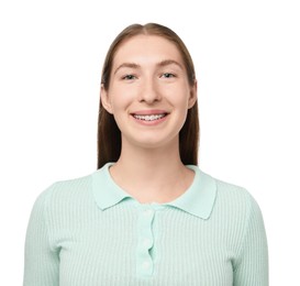 Photo of Smiling girl with braces on white background