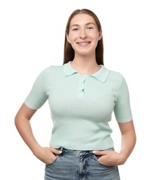 Photo of Smiling girl with braces on white background