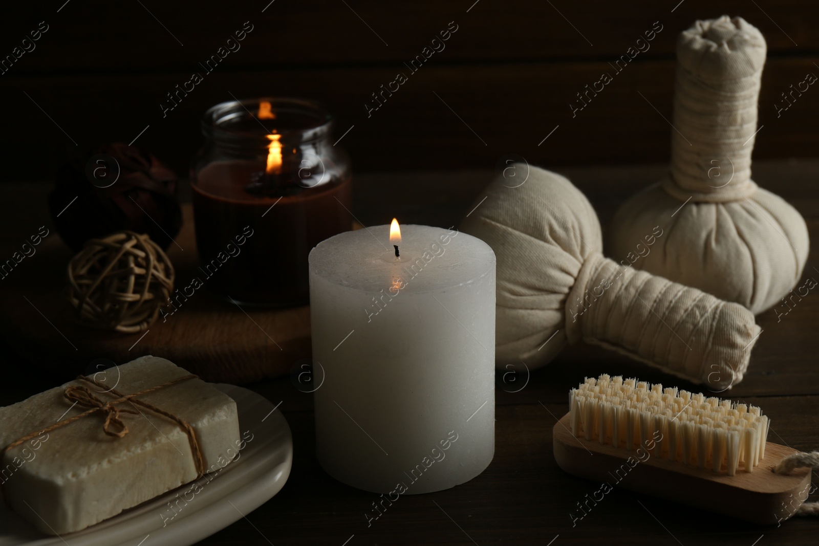 Photo of Composition with different spa supplies on table, closeup