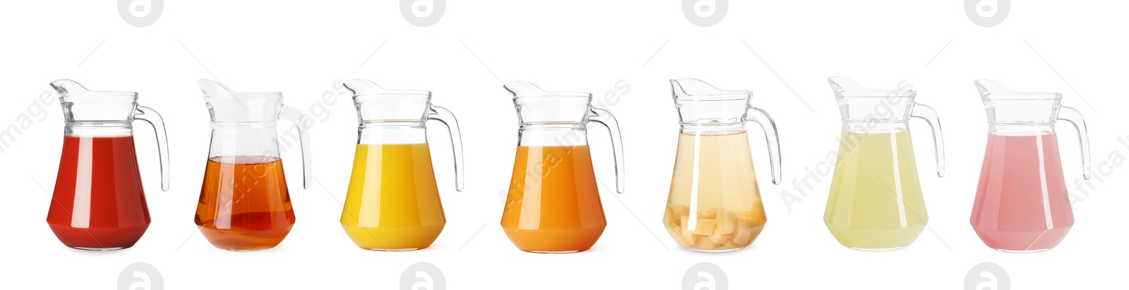 Image of Glass jug with with different juices isolated on white, set