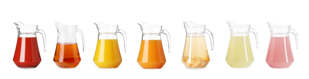 Image of Glass jug with with different juices isolated on white, set