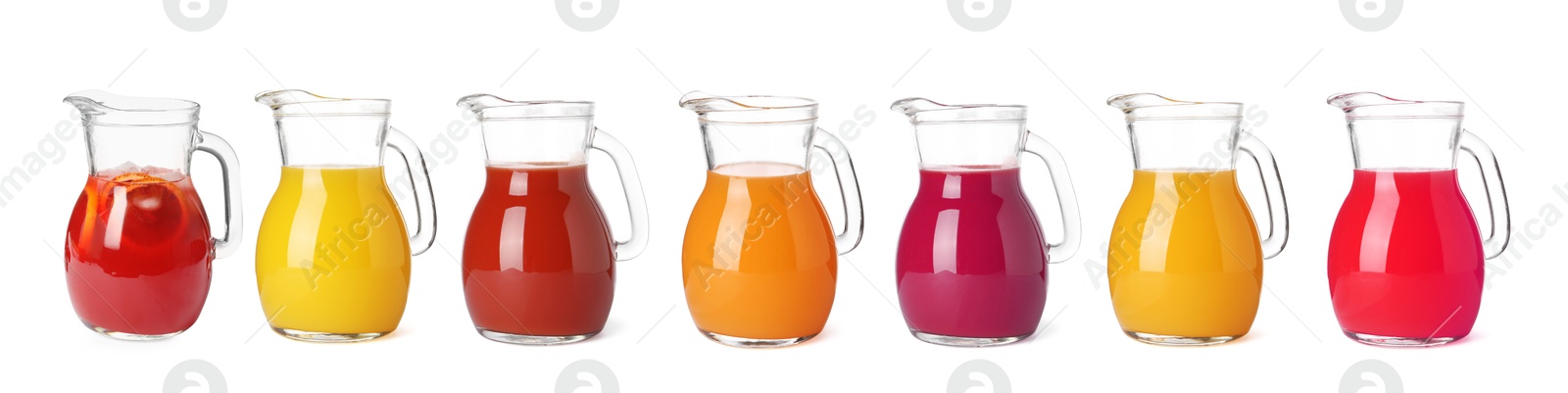 Image of Glass jug with with different juices isolated on white, set