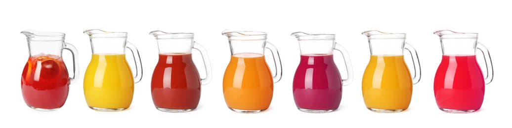 Image of Glass jug with with different juices isolated on white, set