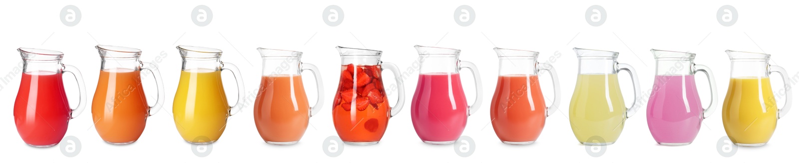 Image of Glass jug with with different juices isolated on white, set