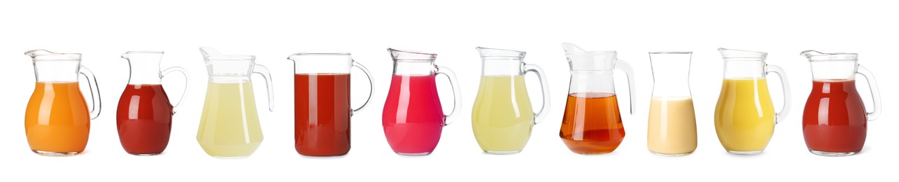 Image of Glass jugs with different juices isolated on white, set