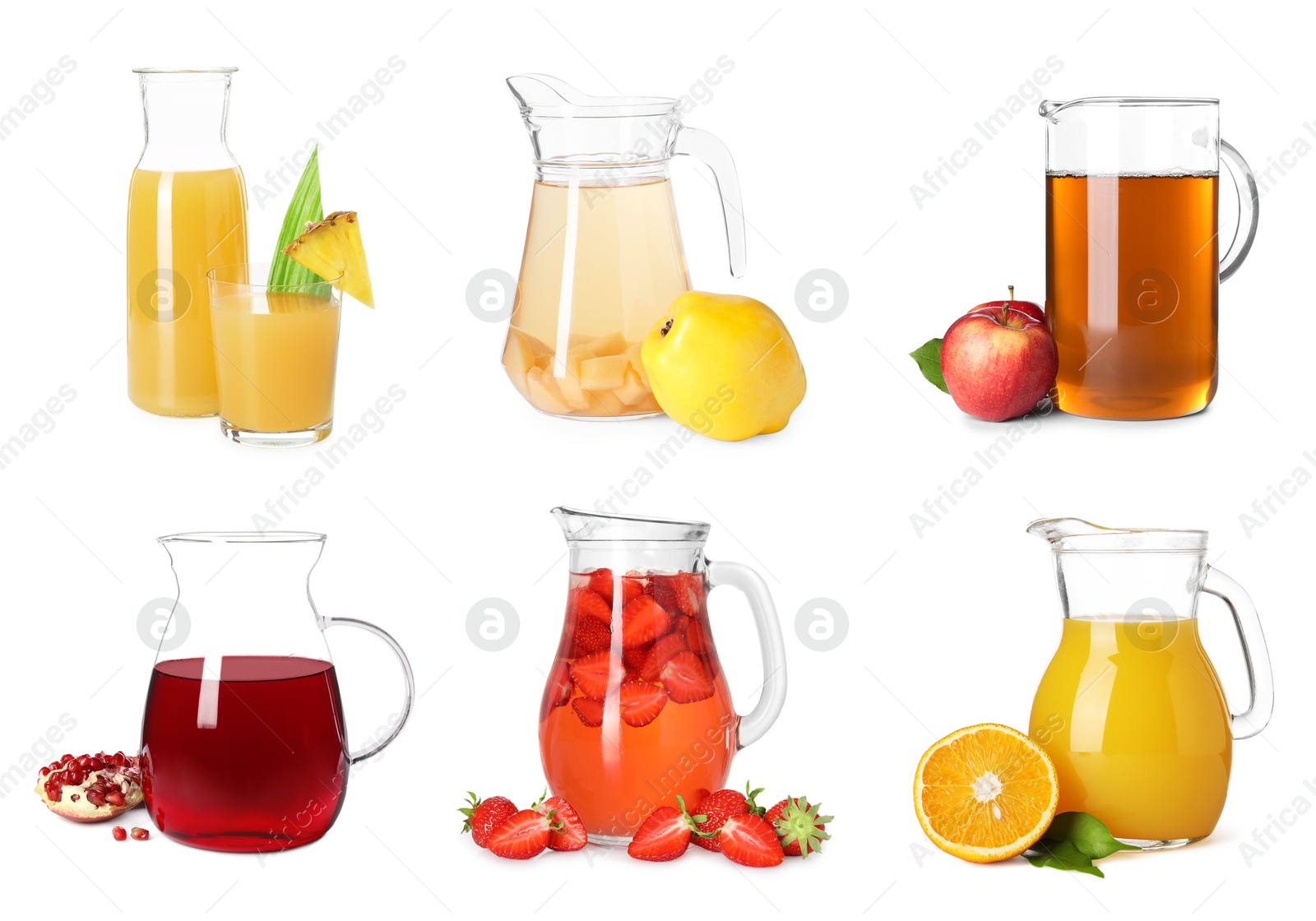 Image of Glass jugs with different juices isolated on white, set