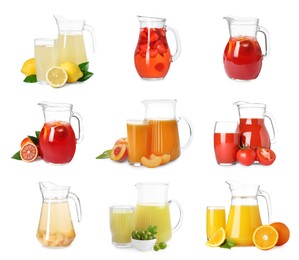 Image of Glass jugs with different juices isolated on white, set