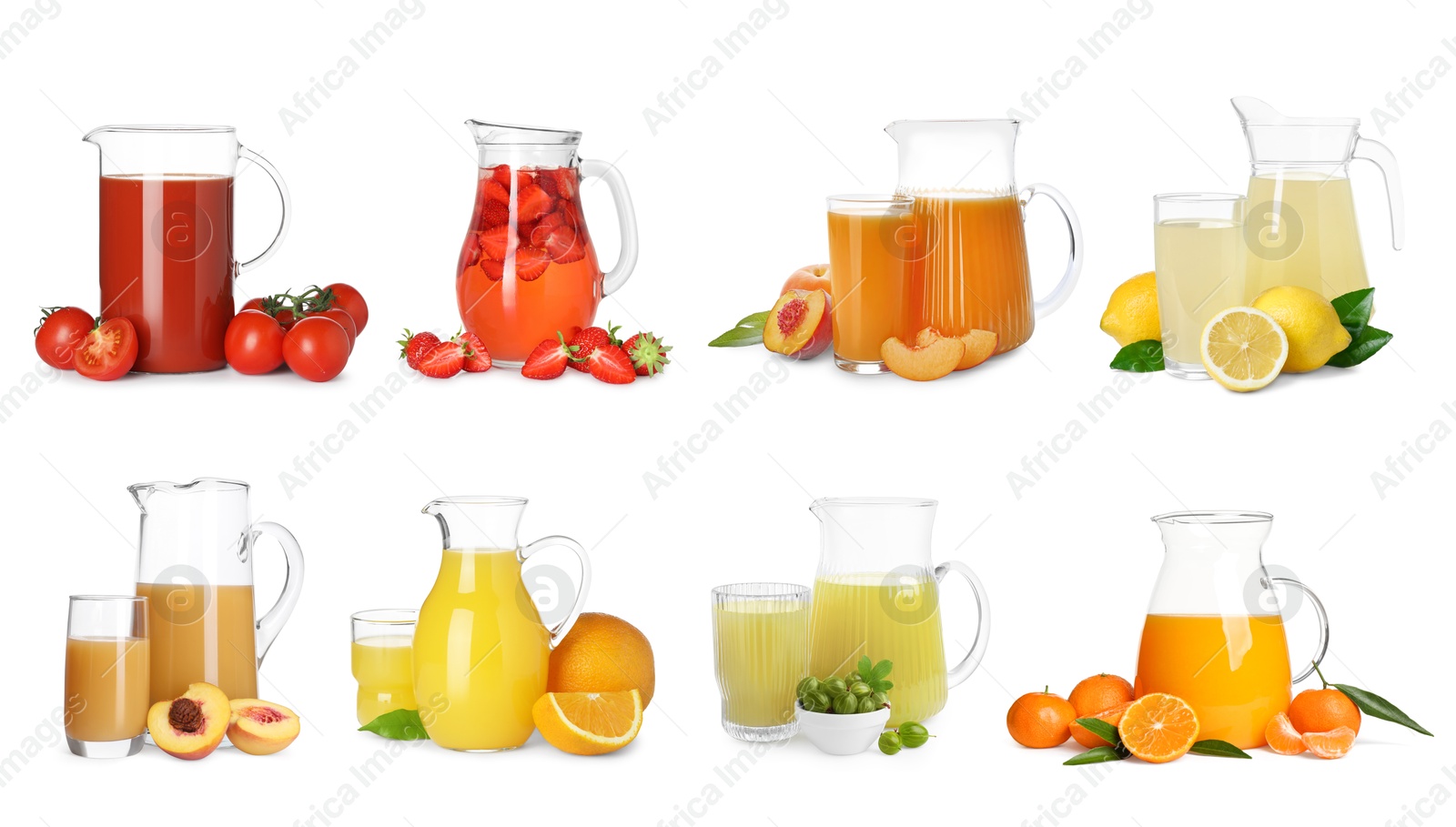 Image of Glass jugs with different juices isolated on white, set