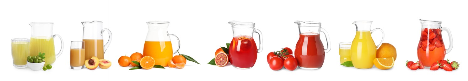 Image of Glass jugs with different juices isolated on white, set