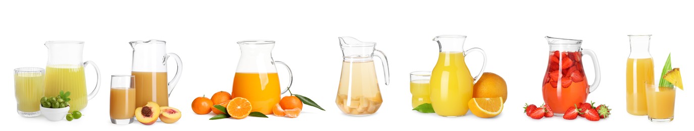 Image of Glass jugs with different juices isolated on white, set