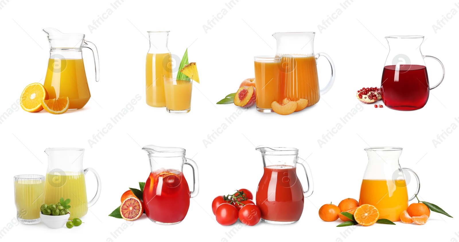 Image of Glass jugs with different juices isolated on white, set