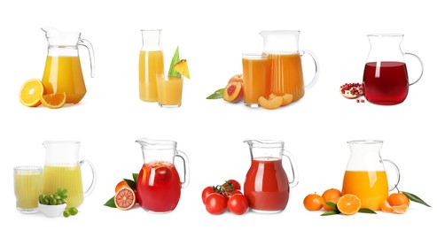 Image of Glass jugs with different juices isolated on white, set