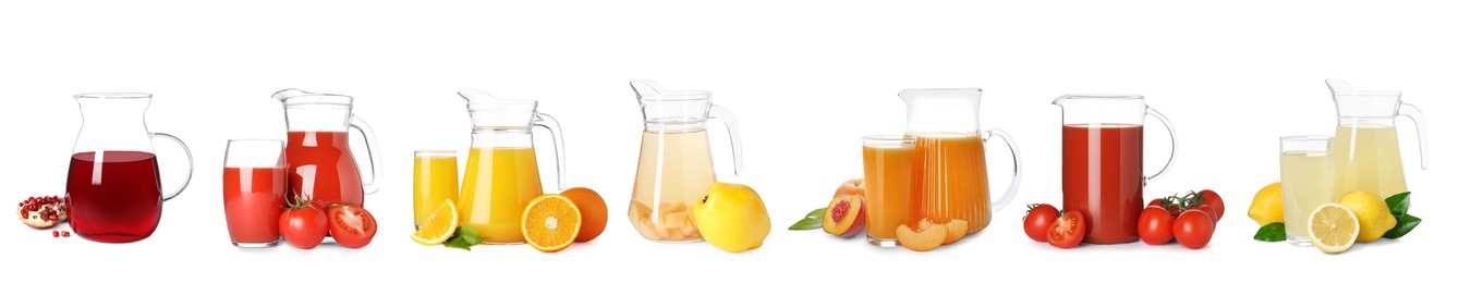 Image of Glass jugs with different juices isolated on white, set