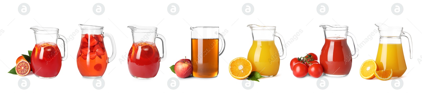 Image of Glass jugs with different juices isolated on white, set