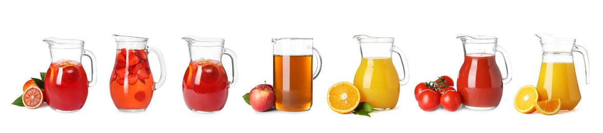 Image of Glass jugs with different juices isolated on white, set