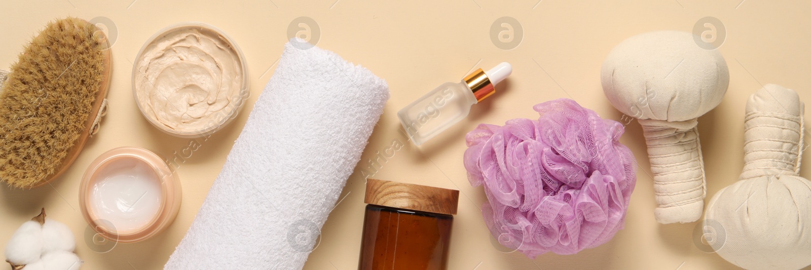 Image of Flat lay composition with cosmetic products for spa treatment on beige background, banner design