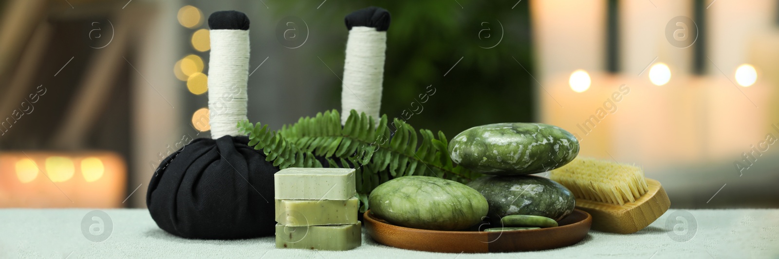 Image of Composition with cosmetic products for spa treatment on table, banner design