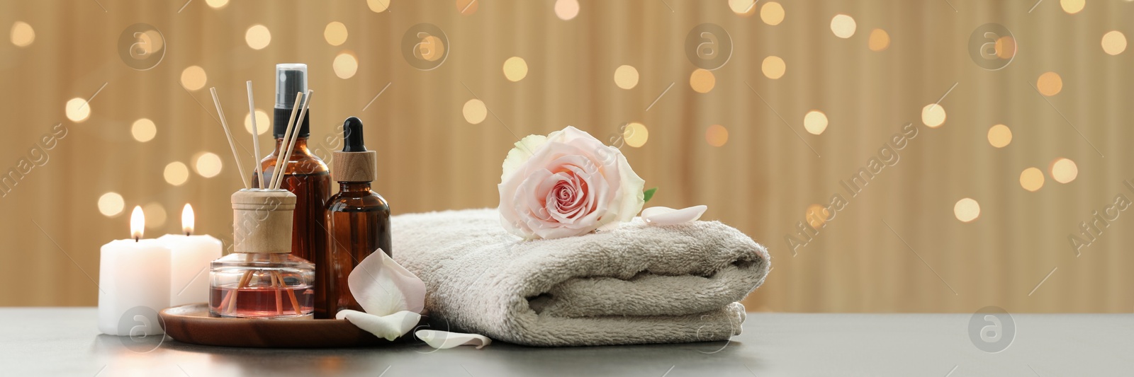 Image of Composition with cosmetic products for spa treatment on table, banner design. Space for text