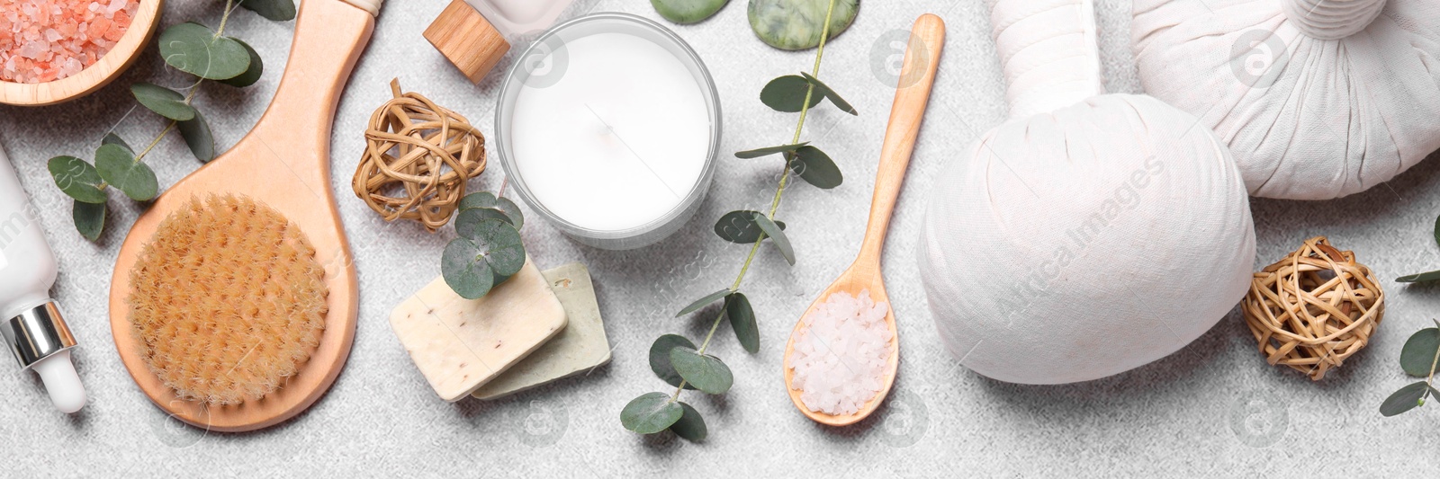 Image of Flat lay composition with cosmetic products for spa treatment on white background, banner design