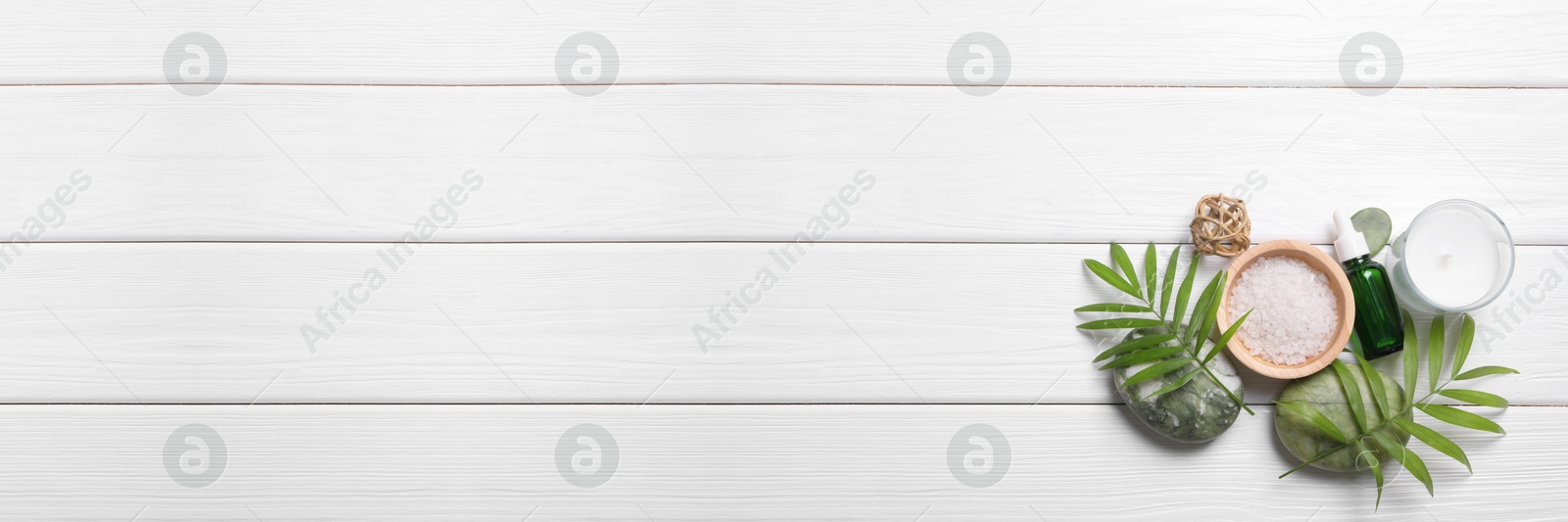 Image of Flat lay composition with cosmetic products for spa treatment on white wooden background, banner design. Space for text