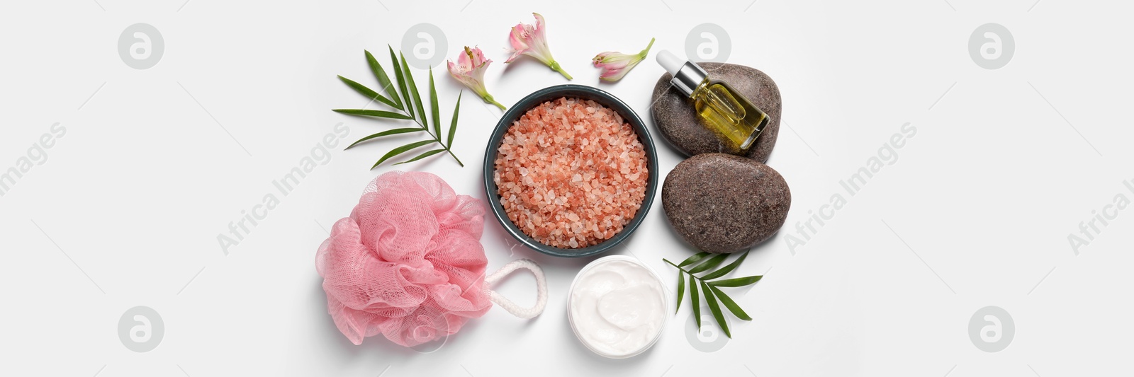 Image of Flat lay composition with cosmetic products for spa treatment on white background, banner design