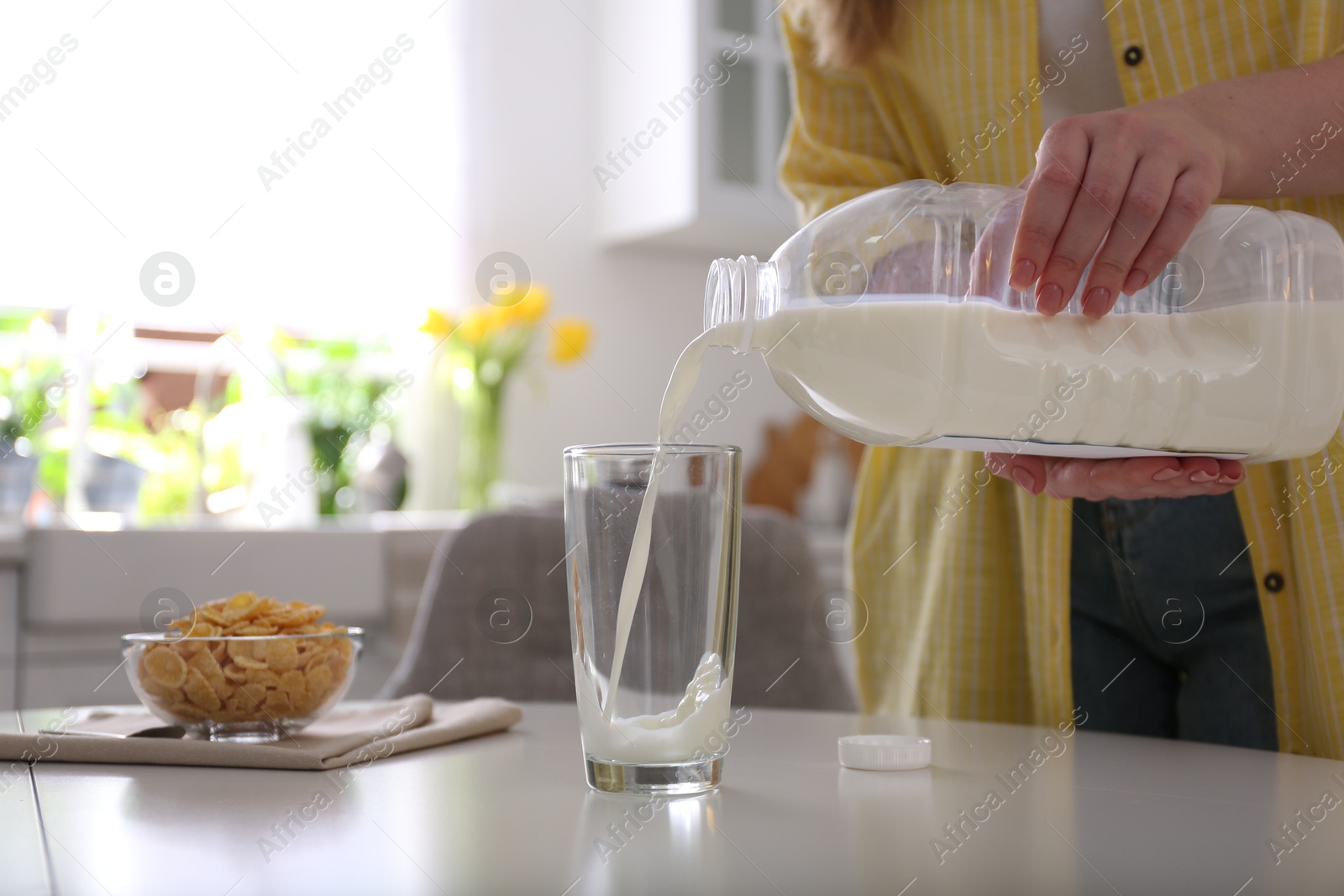 Photo of Young woman pouring milk from gallon bottle into glass at white table in kitchen, closeup