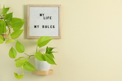 Photo of Letter board with phrase My Life My Rules and plant on beige wall. Space for text