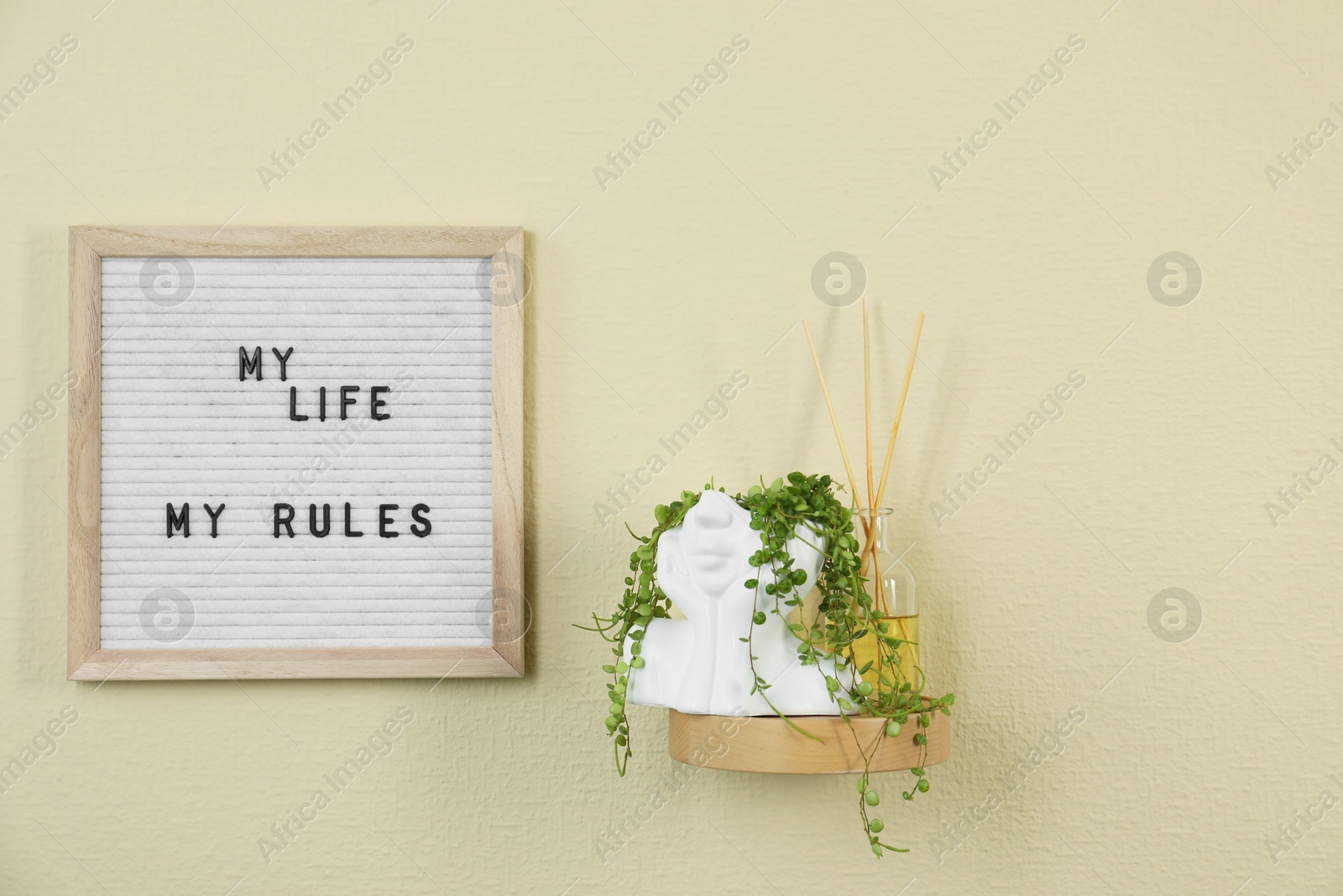 Photo of Letter board with phrase My Life My Rules, reed diffuser and plant on beige wall