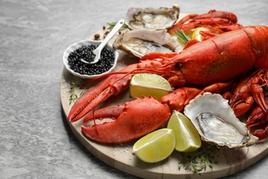 Photo of Many different sea food on grey table, closeup