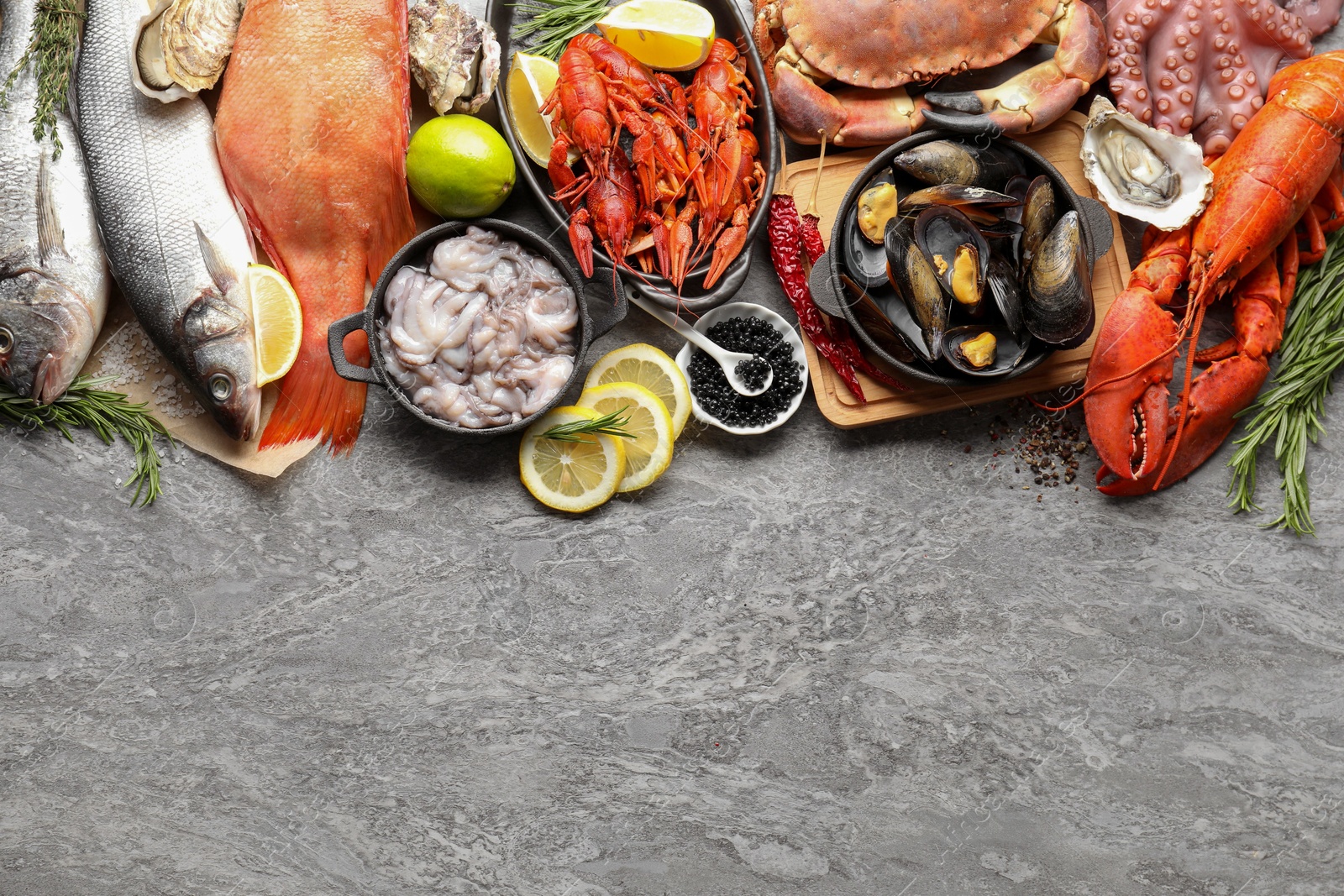 Photo of Many different sea food on grey table, top view