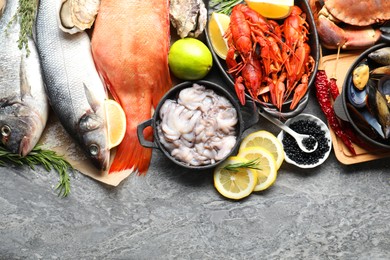 Photo of Many different sea food on grey table, top view