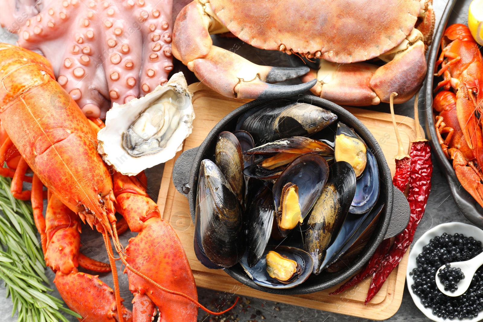 Photo of Many different sea food on table, top view