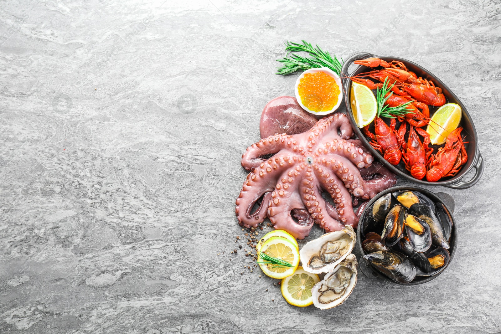 Photo of Many different sea food on grey table, top view. Space for text