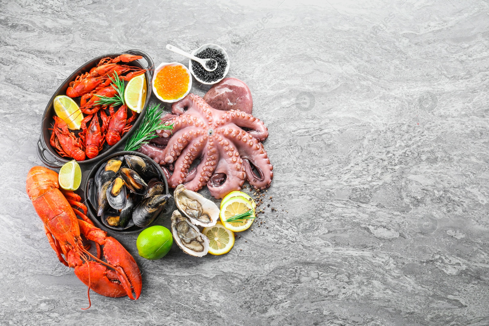 Photo of Many different sea food on grey table, top view. Space for text