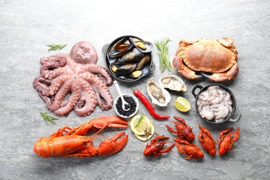 Photo of Many different sea food on grey table, flat lay