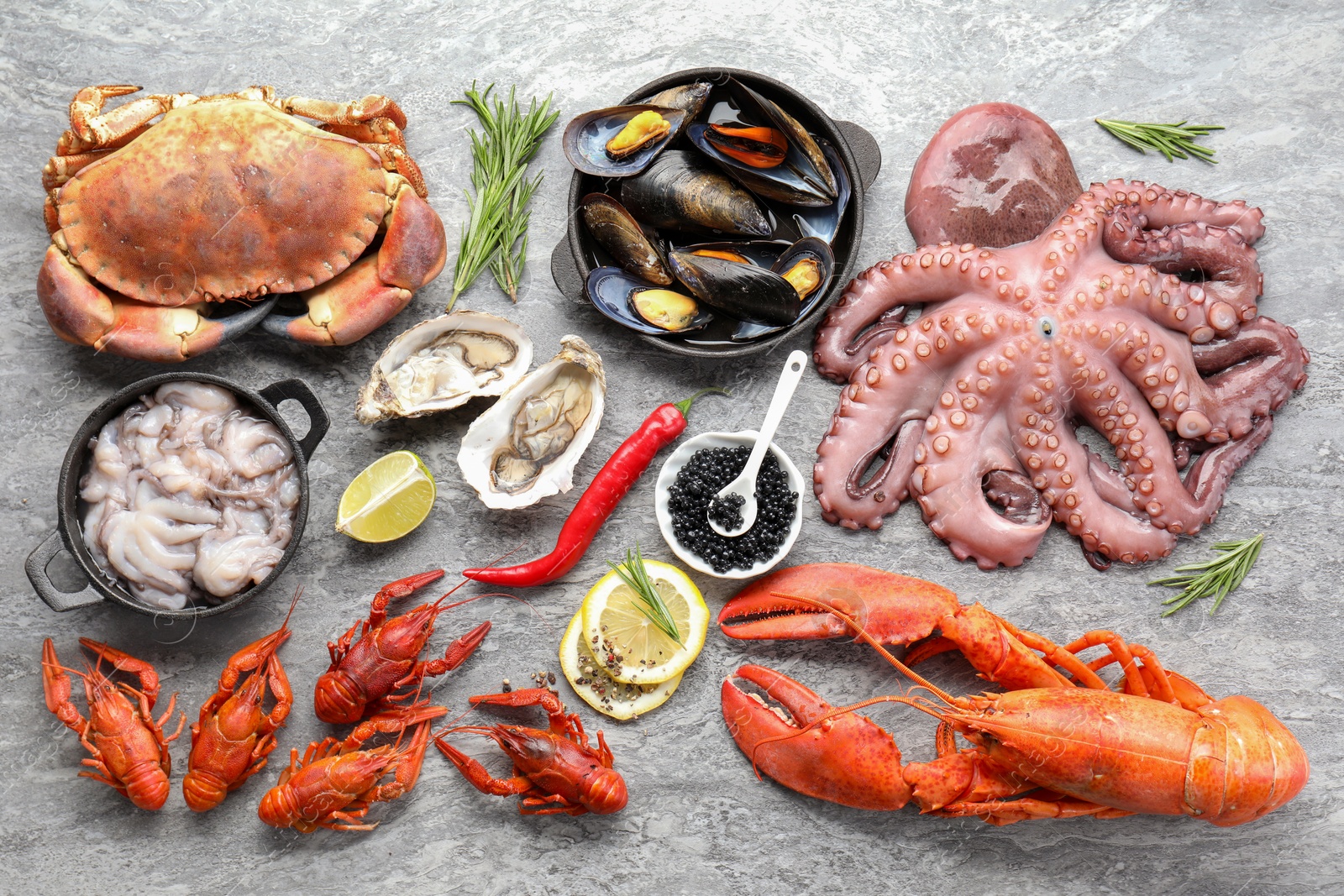 Photo of Many different sea food on grey table, flat lay